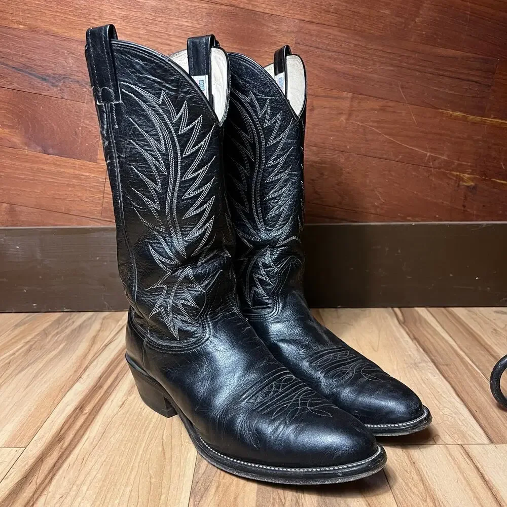 VINTAGE Nocona Imperfect Black Cowboy Boots Size 10.5 D Western Embroidered